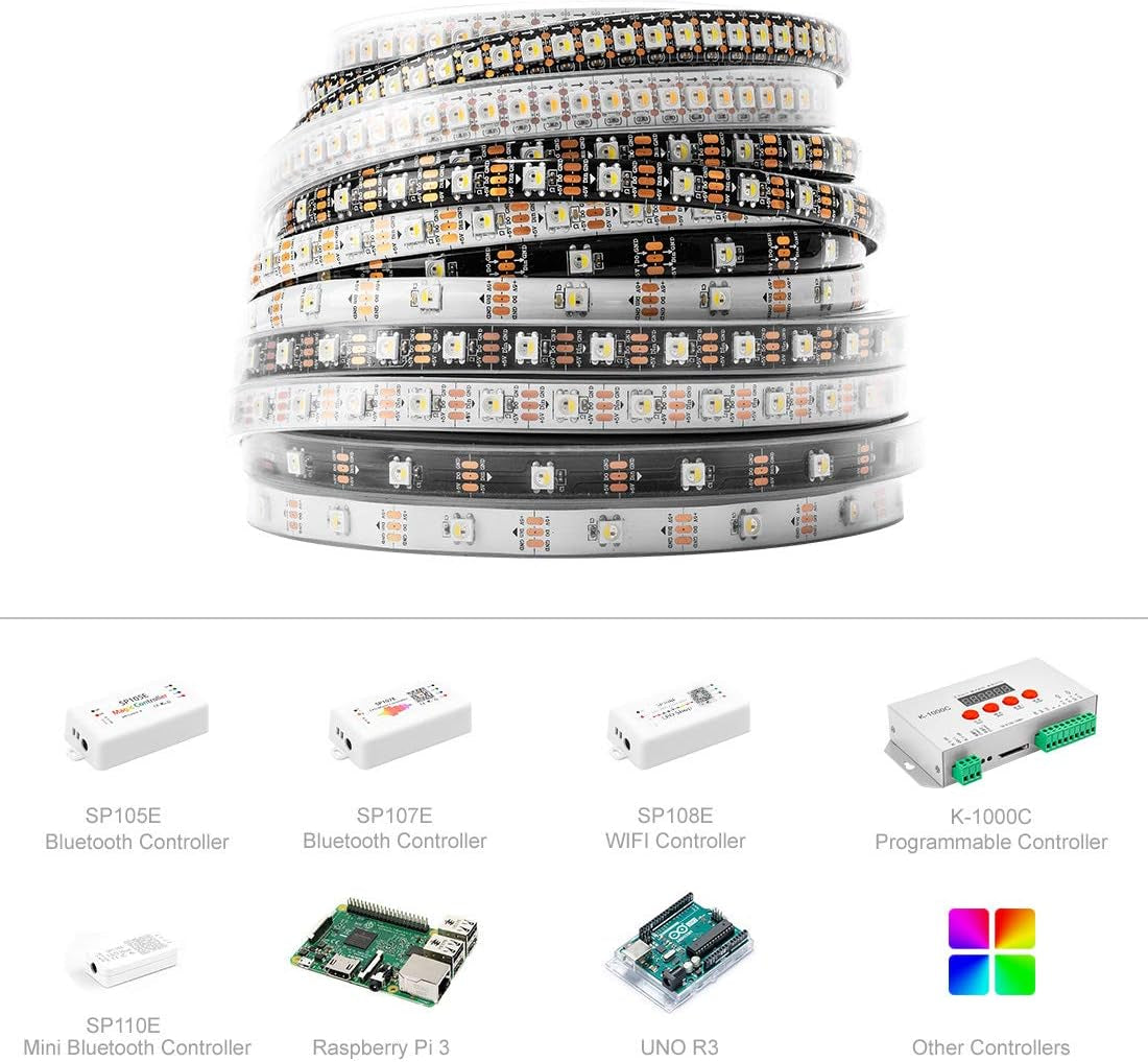 RGBW Rgb+Warm White SK6812 (Similar WS2812B) Individually Addressable 16.4Ft 60Leds/Pixels/M Flexible 4 Colors in 1 LED Dream Color LED Strip IP30 Non-Waterproof DC5V Black PCB