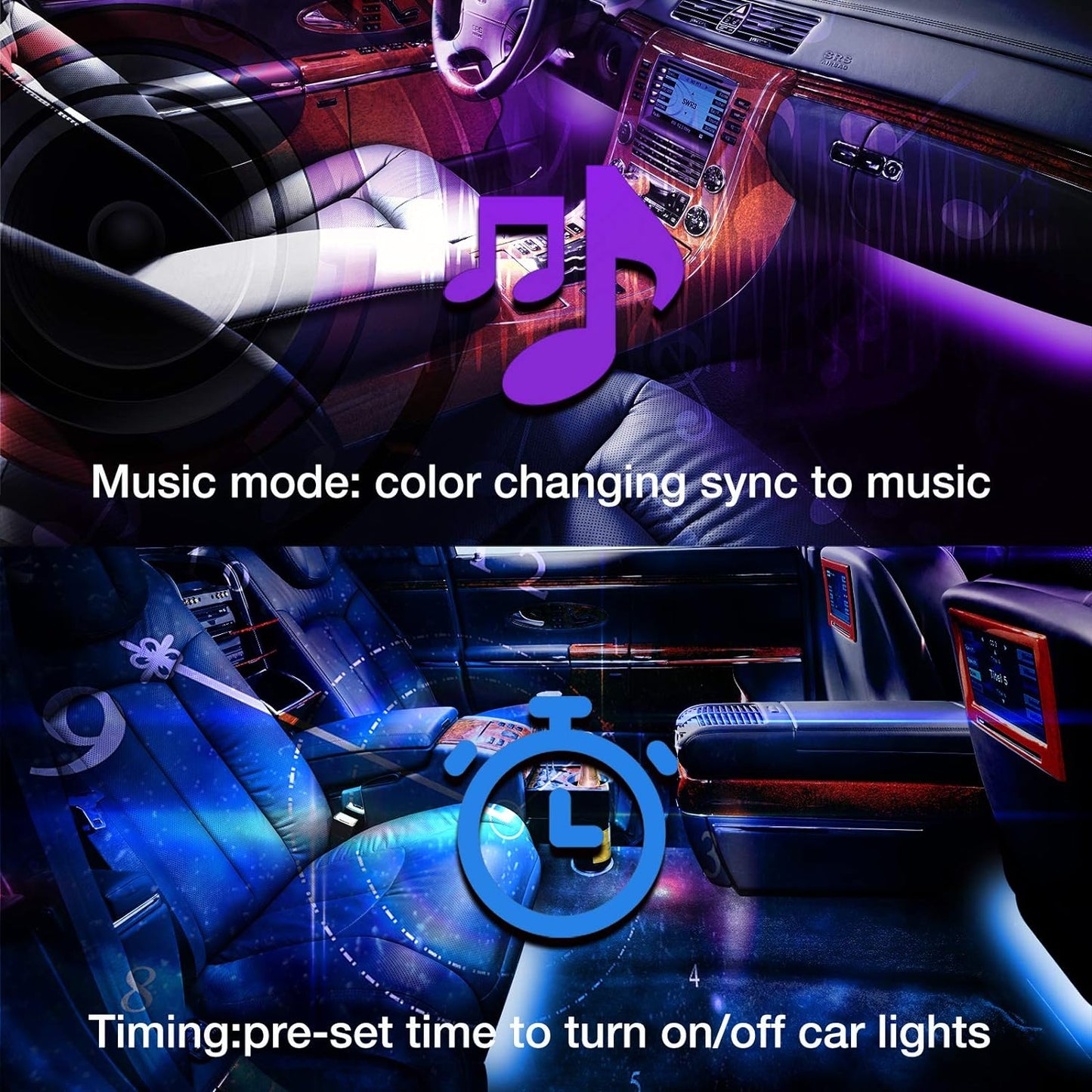 Interior Car Lights, App Control Smart Car LED Lights with DIY Mode and Music Mode, Waterproof LED Interior Lights with 2 Lines Design, RGB under Dash Car LED Lights with Car Charger, DC 12V