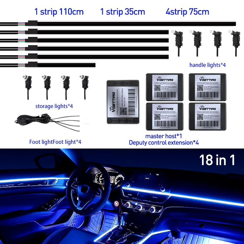 18 in 1 Full Color Streamer Car Ambient Lights RGB 64 Color Universal LED Interior Hidden Acrylic Strip Symphony Atmosphere Lamp