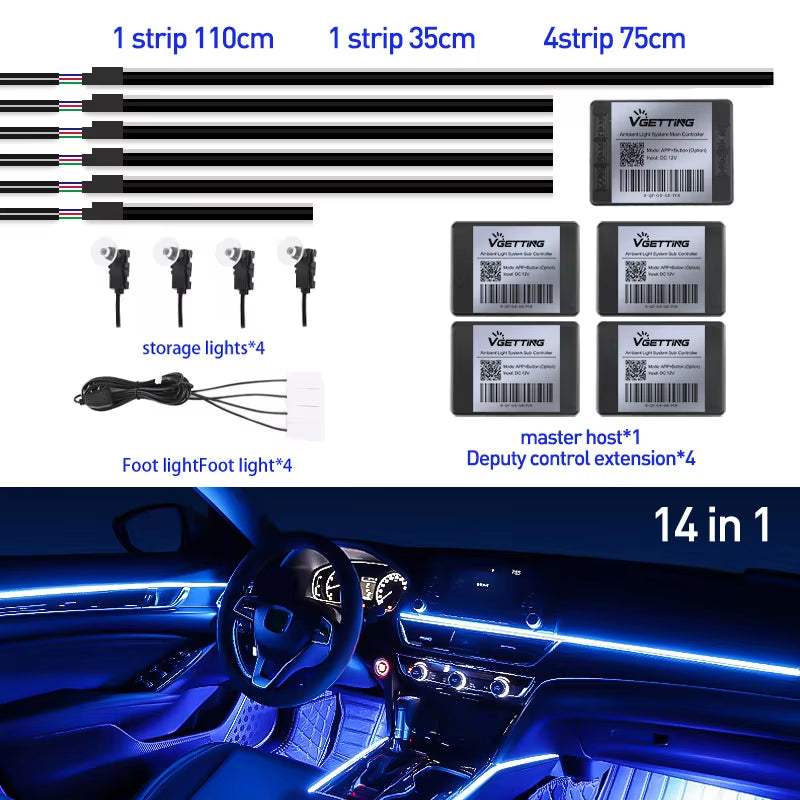 18 in 1 Full Color Streamer Car Ambient Lights RGB 64 Color Universal LED Interior Hidden Acrylic Strip Symphony Atmosphere Lamp