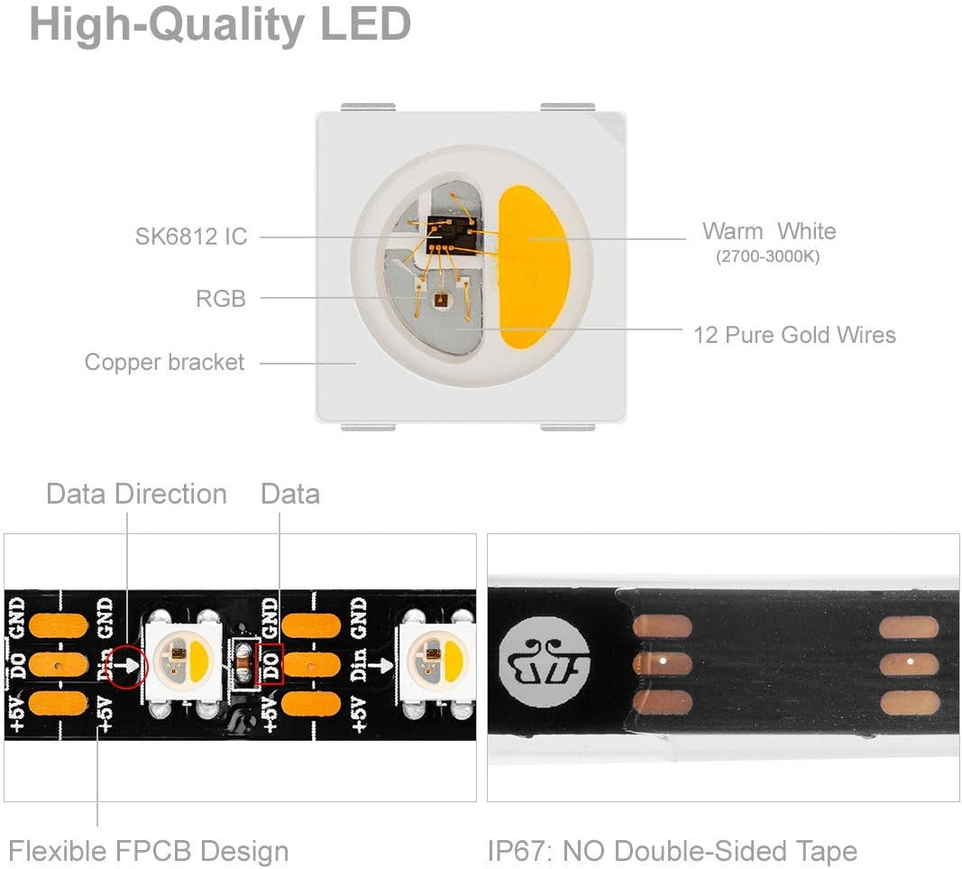 RGBW Rgb+Warm White SK6812 (Similar WS2812B) Individually Addressable 16.4Ft 60Leds/Pixels/M Flexible 4 Colors in 1 LED Dream Color LED Strip IP30 Non-Waterproof DC5V Black PCB