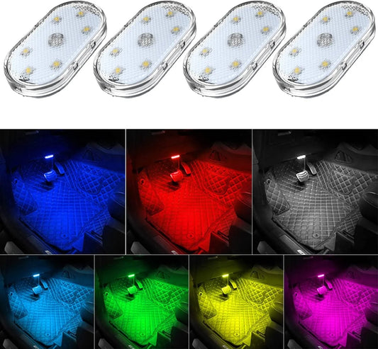 4Pcs Car LED Lights Interior Wireless, 7 Colors Interior Car Lights with 6 Bright LED Lamp Beads, Portable USB Rechargeable Car Interior Led Night Light for Car Decor