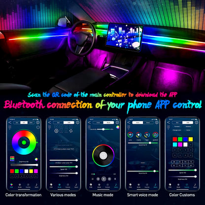 18 in 1 Full Color Streamer Car Ambient Lights RGB 64 Color Universal LED Interior Hidden Acrylic Strip Symphony Atmosphere Lamp