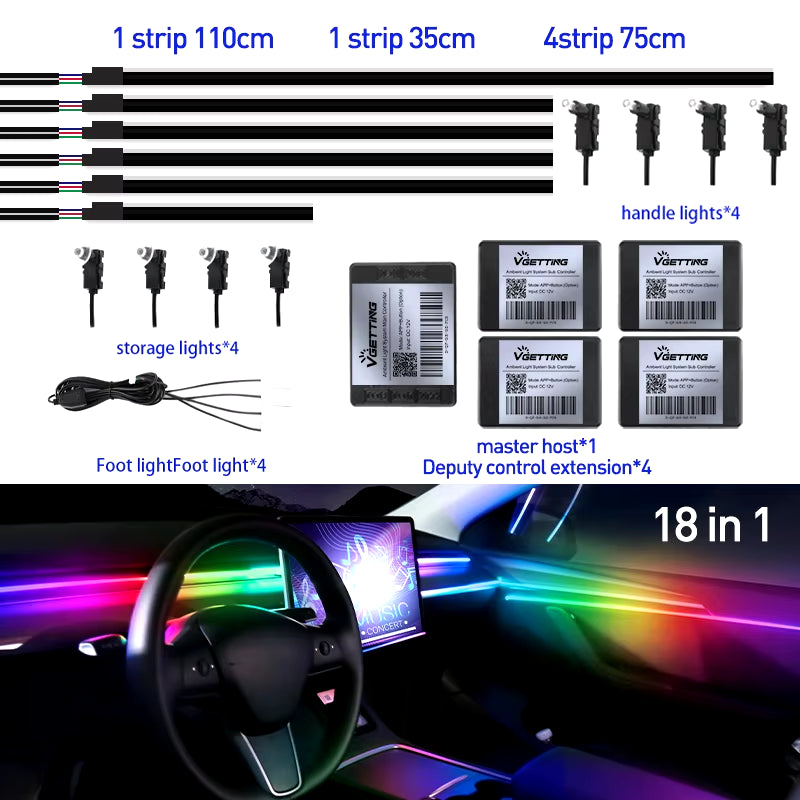 18 in 1 Full Color Streamer Car Ambient Lights RGB 64 Color Universal LED Interior Hidden Acrylic Strip Symphony Atmosphere Lamp